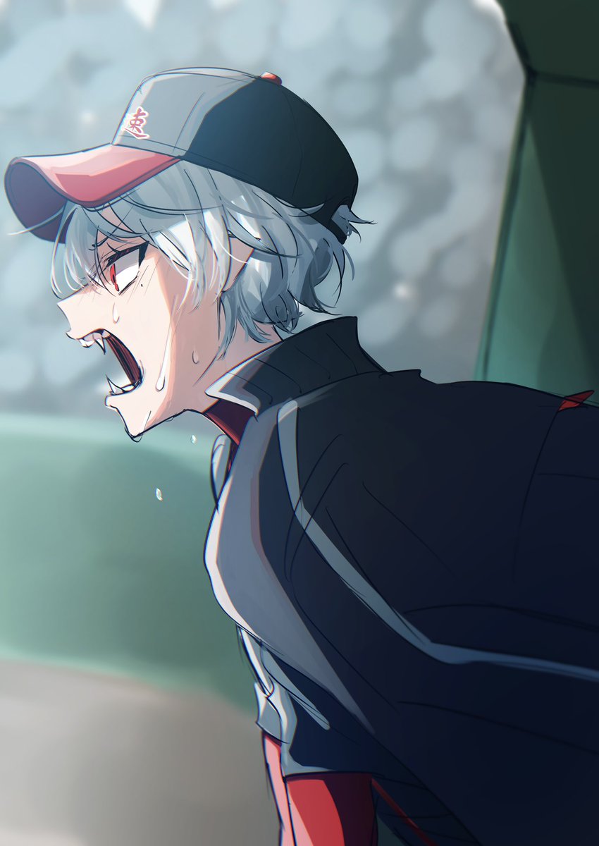 kuzuha (nijisanji) 1boy hat male focus red eyes jacket solo baseball cap  illustration images