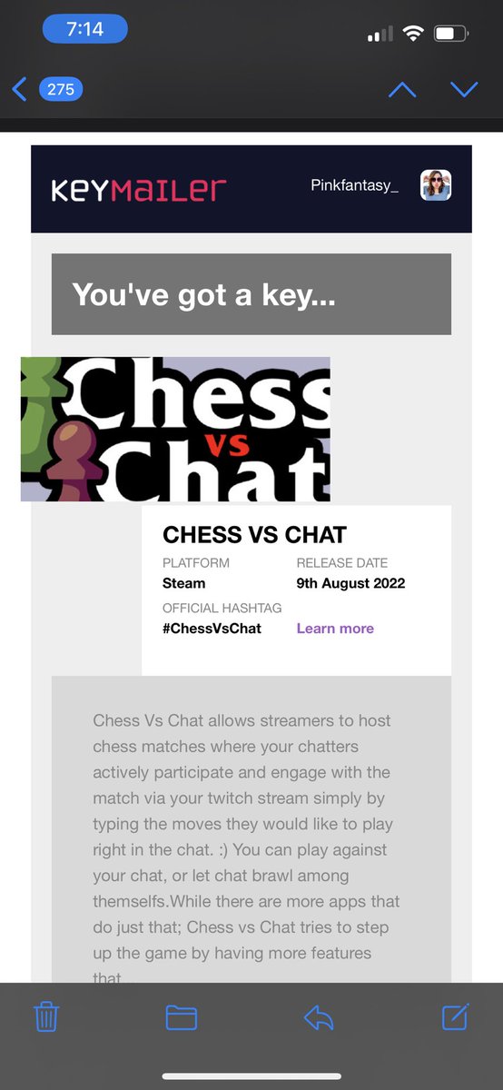 pinkfantasylive's tweet photo. Yesss my first request for a key with @Keymailer!  Thank you so much!  Who wants to battle me in Chess? #chessvschat https://t.co/6SBsgIUFDX