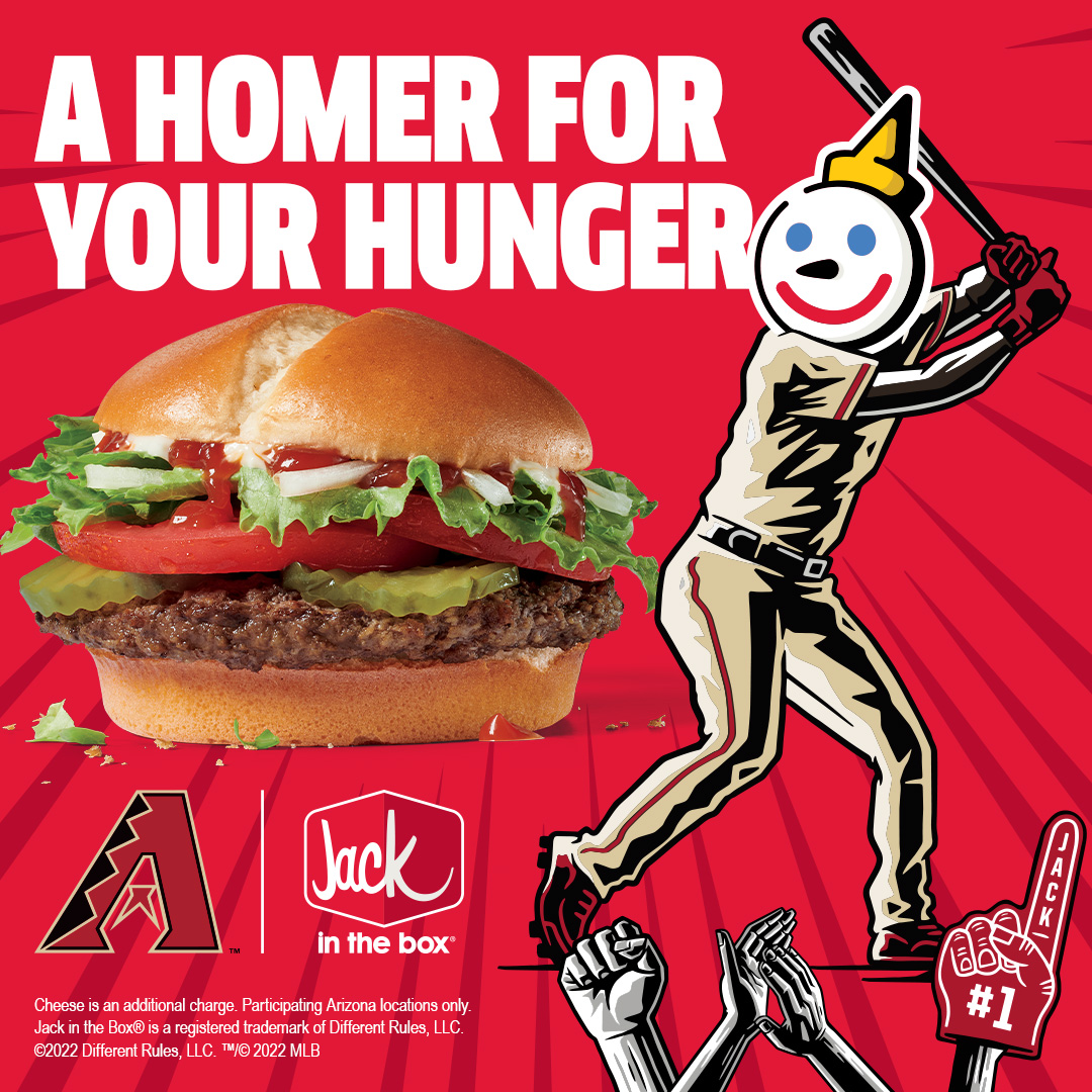 Dbacks's tweet photo. That’s a #DbacksJack! Keep the celebration going by getting a free Jumbo Jack® with a large drink purchase tomorrow! Use the code DBACKSJACK to redeem on the @JackBox app. https://t.co/MB0vI5e8BE