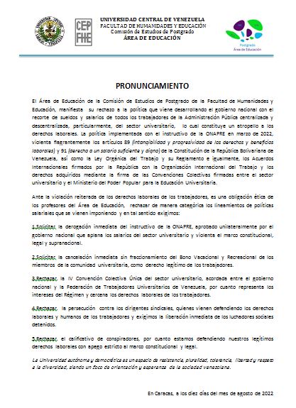 goretyr's tweet photo. Pronunciamiento del Área de Educación, Postgrado FHE-UCV https://t.co/XA6mfllEBS