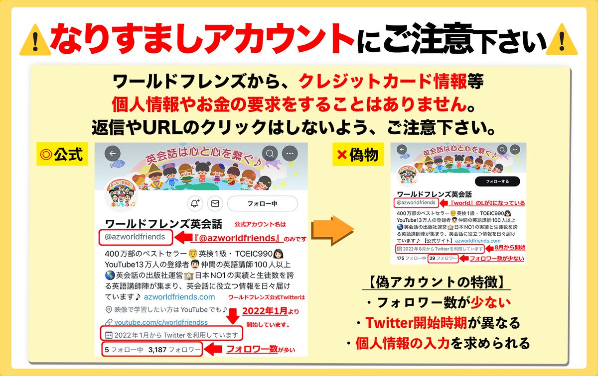 azworldfriends's tweet photo. 『⚠️なりすまし詐欺アカウントにご注意⚠️』

公式アカウントは「@azworldfriends」のみです。

偽アカウントから、フォローや当選連絡等のメッセージ送信が現在確認されています！

ワールドフレンズの公式Twitterから、クレジットカード情報やお金の要求をすることはありませんので、ご注意下さい！！ https://t.co/7183KqMRPE