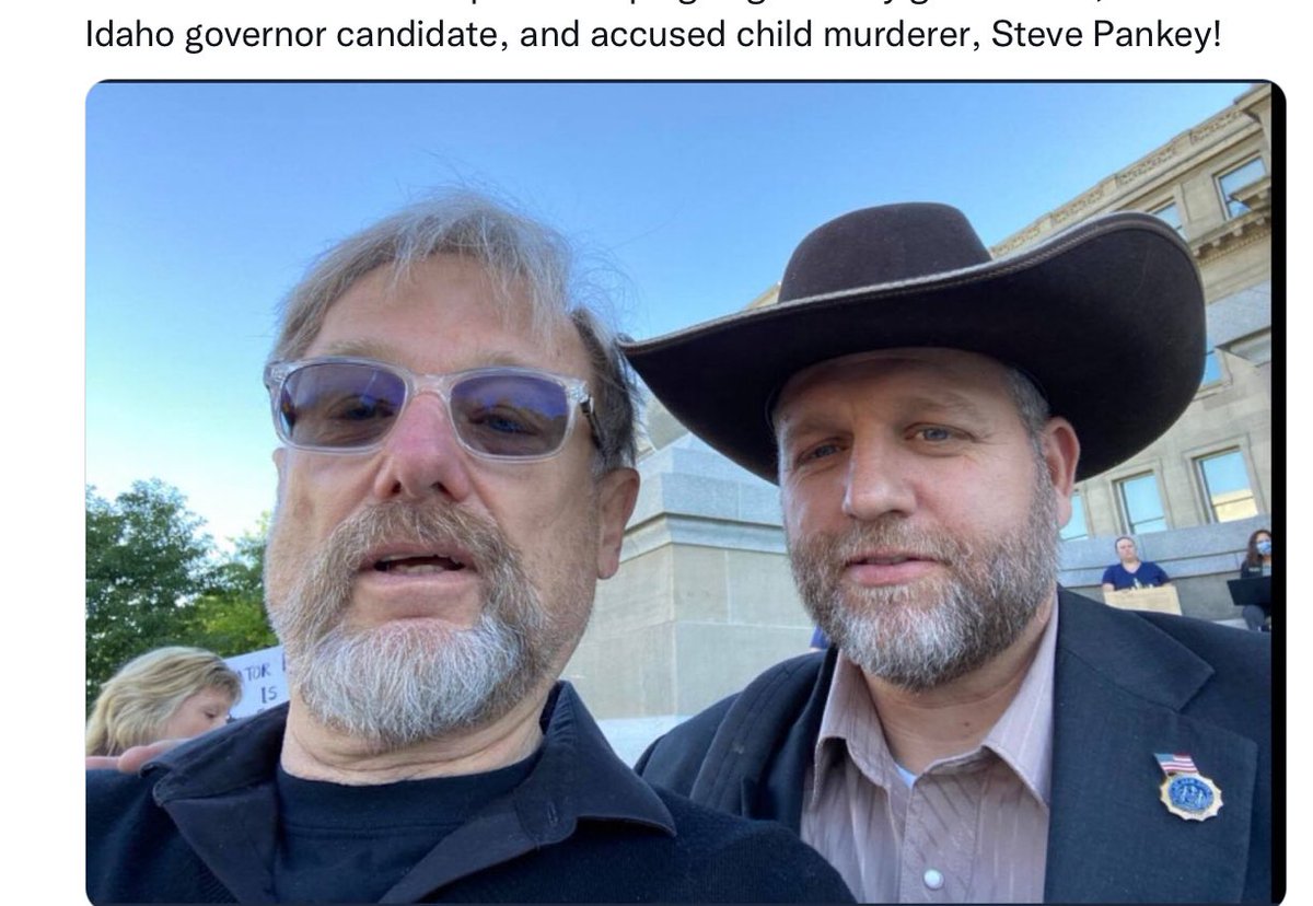 #idpol Let’s look at Ammon Bundy’s friends, shall we. Here he is with former Idaho governor candidate, Steve Pankey. Pankey faces trial for kidnapping a 12 year old girl. He shot her in the head and buried her in a shallow grave. 1/5