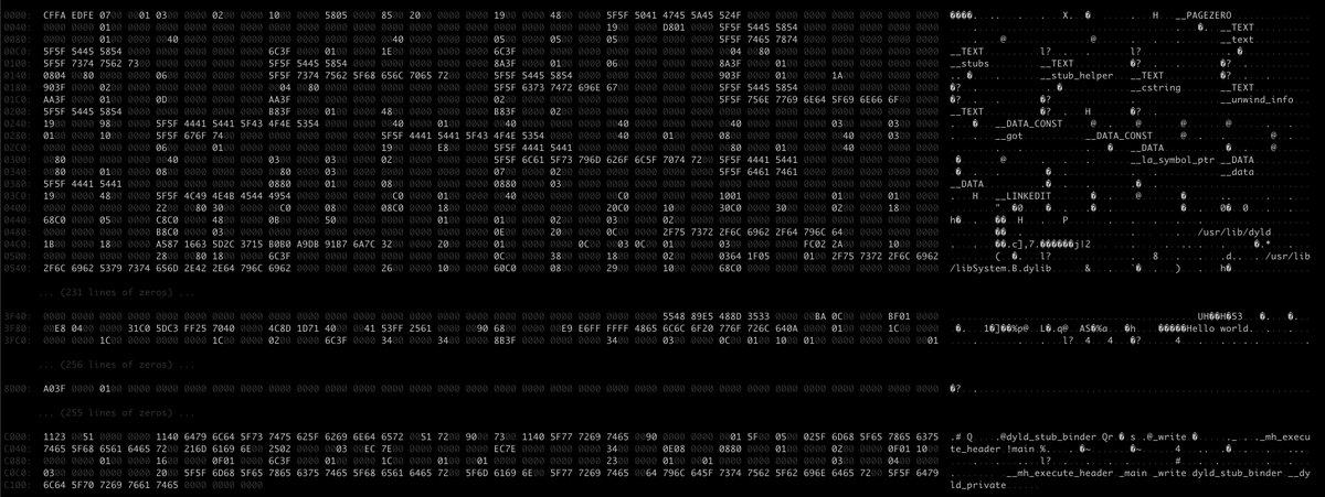 Tobias Bergkvist (@t_bergkvist) on Twitter photo Small executables are mostly empty space, even when compiled with the `-Os` flag (optimize for small file size) on x86_64-darwin.
The picture shows a binary dump of a "hello world"-program written in C and compiled with clang  (~96% of the 64-byte rows are empty). Small executables are mostly empty space, even when compiled with the `-Os` flag (optimize for small file size) on x86_64-darwin.
The picture shows a binary dump of a "hello world"-program written in C and compiled with clang  (~96% of the 64-byte rows are empty).