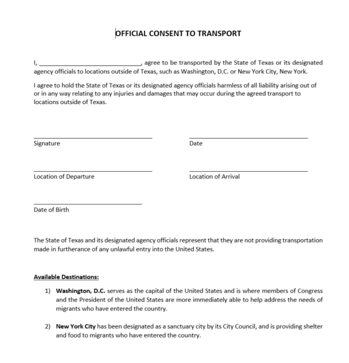The consent form Texas is giving to the illegal immigrants they're bussing is pretty great. 

"Washington D.C...where members of Congress and the President of the United States are more immediately able to help address the needs of migrants who have entered the country."