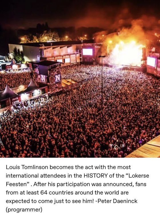 LT1CHILE's tweet photo. 📣| "Louis Tomlinson se convierte en el artista con más entradas internacionales en la HISTORIA de 'Lokerse Feesten'. 

¡Después del anuncio de su participación, se espera que fans de al menos 64 países de todo el mundo vengan solo para VERLO!"

vía Peter Daeninck https://t.co/eRRAR1V0Gk