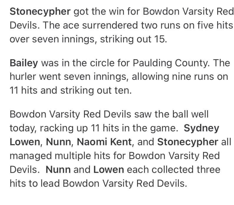 Gabby Stonecypher (@gabrielles_18) on Twitter photo My girls were killing it today! I went 7 innings in the circle striking out 15!! Canāt wait to get back out there this week! <a href="/ExtraInningSB/">EXTRA INNING SOFTBALL</a> <a href="/GSAthletics_SB/">Georgia Southern Softball</a> <a href="/BowdonHigh/">Bowdon High School</a> <a href="/Coach_A_Mo/">coacн мoraleŃ</a> My girls were killing it today! I went 7 innings in the circle striking out 15!! Canāt wait to get back out there this week! <a href="/ExtraInningSB/">EXTRA INNING SOFTBALL</a> <a href="/GSAthletics_SB/">Georgia Southern Softball</a> <a href="/BowdonHigh/">Bowdon High School</a> <a href="/Coach_A_Mo/">coacн мoraleŃ</a>