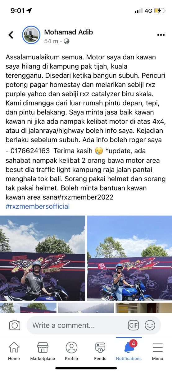 Adiebss's tweet photo. Assalamualaikum kawan kawan. Mohon bantuan share. Motor saya dan kawan saya hilang di kuala terengganu sebelum subuh. Kami dilock dari luar rumah. Pencuri potong pagar tepi homestay #rxzmembers https://t.co/1puY3Daz0g