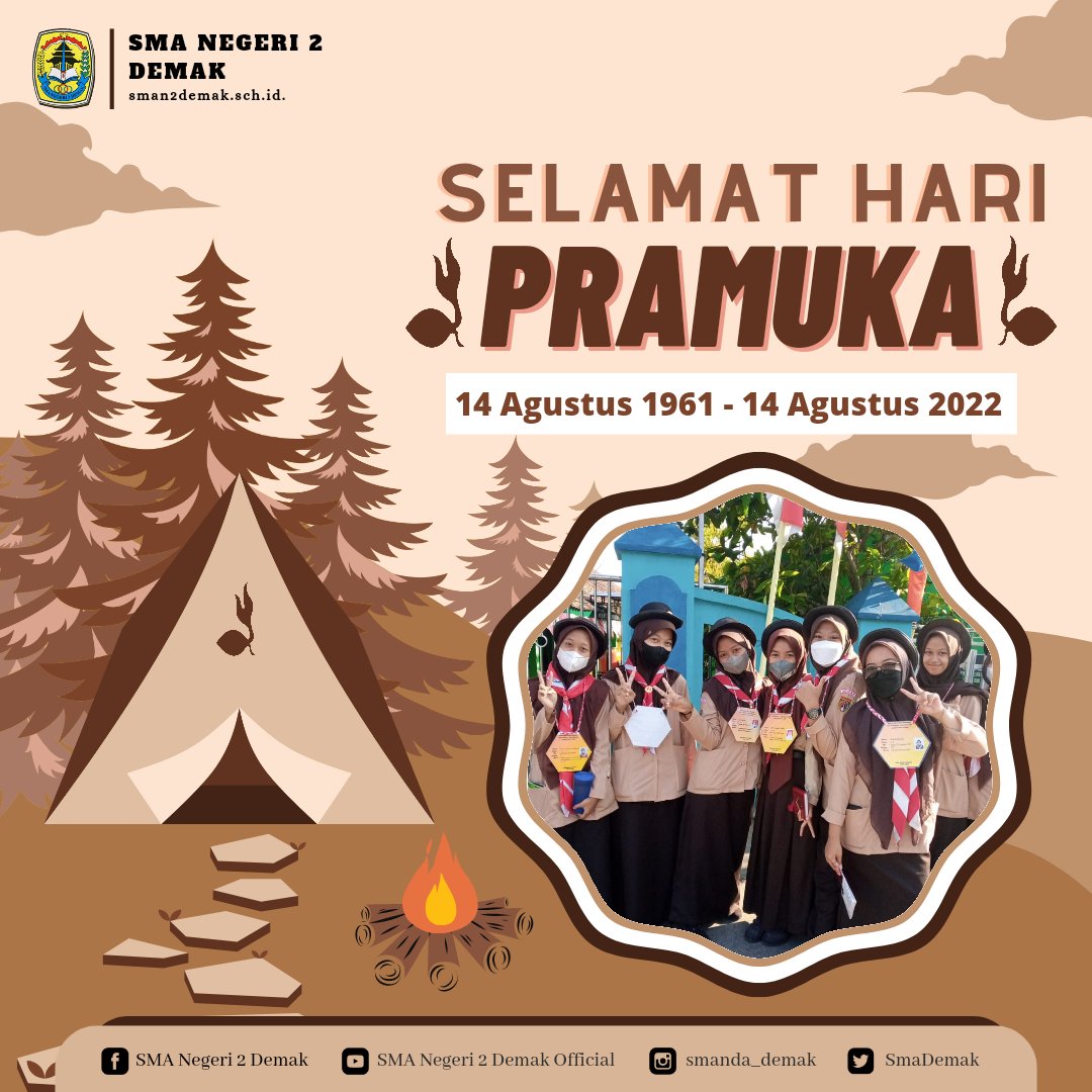 smanda_demak's tweet photo. Tumbuhlah menjadi tunas bangsa yang selalu berkarya dan berprestasi sebagai perekat NKRI.

Selamat Hari Pramuka ke-61 Tahun 
"Mengabdi Tanpa batas, untuk Membangun Ketangguhan Bangsa"

Smanda, siap, jaya, berpreatasi!
@Pramuka_Jateng @kwarcabdemak  @cabdindikwil2 #pramukasmanda https://t.co/g8FAAgA2XL