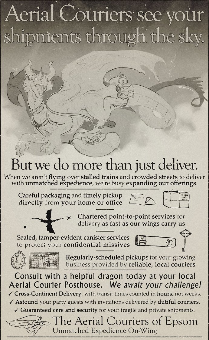 leindurstit's tweet photo. The Aerial Couriers do more than just deliver!

Print ad for the Aerial Couriers, to go-to for seeing packages across the skies of Rotia.

Based on my book, Drake of the First Guard, here:
FA: https://t.co/O21qKDWmrx
DA: https://t.co/SHaWds4Vga
Thx to @SixSydes for the dragon! https://t.co/4KpC0TIl9s