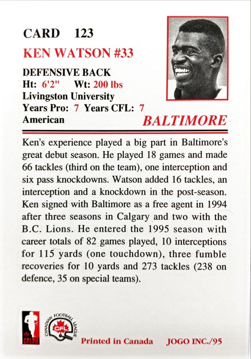 CFLUSACards's tweet photo. Ken signed with Baltimore as a free agent in 1994 after 3 seasons with @calstampeders  and 2 with @BCLions. He entered the 1995 season with career totals of 82 games played.

Ken Watson #BaltimoreStallions - 1995 JOGO #CFL #123

#CFLUSACards #TradingCards #Football https://t.co/zIGR0kv62W
