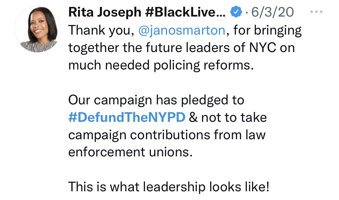 In 2020, @RitaJosephNYC repeatedly called to “#DefundTheNYPD” (see below).

She is now soliciting donations for @PatRyanUC in the #NY19 Special Election.

#NY19 voters deserve to know: Does Pat Ryan support efforts to dEfUnD tHe PoLiCe and make our communities less safer?