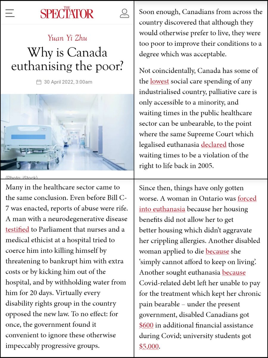 ReviewsPossum's tweet image. After assisted suicide was legalized in Canada, many severely ill patients have found themselves effectively forced into "voluntary" euthanasia by healthcare costs, or even hospitals just refusing to treat them.

Euthanasia is now the sixth leading cause of death in Canada.