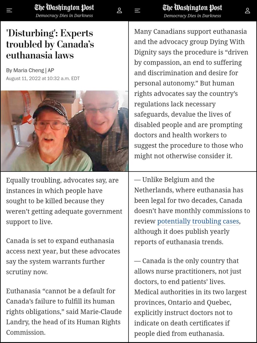 ReviewsPossum's tweet image. After assisted suicide was legalized in Canada, many severely ill patients have found themselves effectively forced into "voluntary" euthanasia by healthcare costs, or even hospitals just refusing to treat them.

Euthanasia is now the sixth leading cause of death in Canada.
