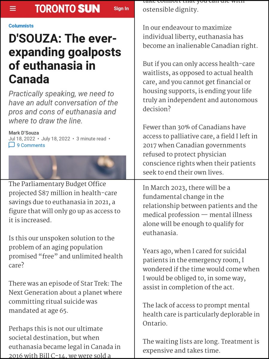 ReviewsPossum's tweet image. After assisted suicide was legalized in Canada, many severely ill patients have found themselves effectively forced into "voluntary" euthanasia by healthcare costs, or even hospitals just refusing to treat them.

Euthanasia is now the sixth leading cause of death in Canada.