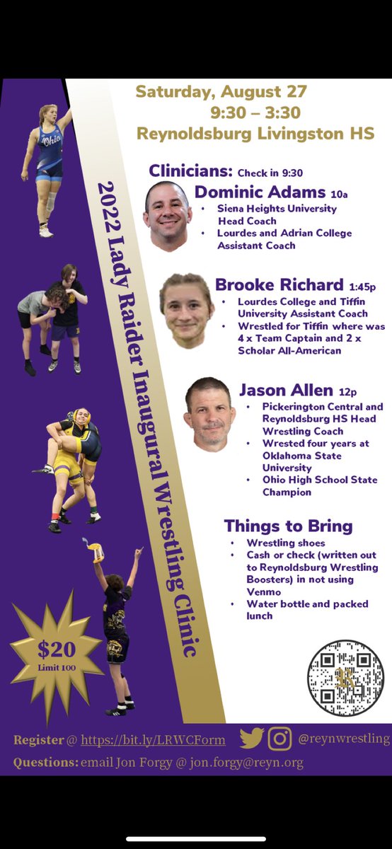 ReynWrestling's tweet photo. 🔥🟣🟡🟣🔥 Only two weeks away before the inaugural Lady Raider (Saturday, August 27) and Youth (Friday, August 26) Wrestling Clinics  

It's not too late to register 🔥🟣🟡🔥

Registration Links: 
Lady Raider Clinic: https://t.co/56iHLGiIMa
Youth Clinic: https://t.co/Ar9ZL7B1Xf https://t.co/WNc1TCoU19