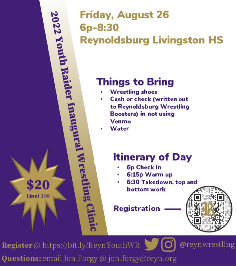 🔥🟣🟡🟣🔥 Only two weeks away before the inaugural Lady Raider (Saturday, August 27) and Youth (Friday, August 26) Wrestling Clinics  

It's not too late to register 🔥🟣🟡🔥

Registration Links: 
Lady Raider Clinic: bit.ly/LRWCForm
Youth Clinic: bit.ly/ReynYouthWR