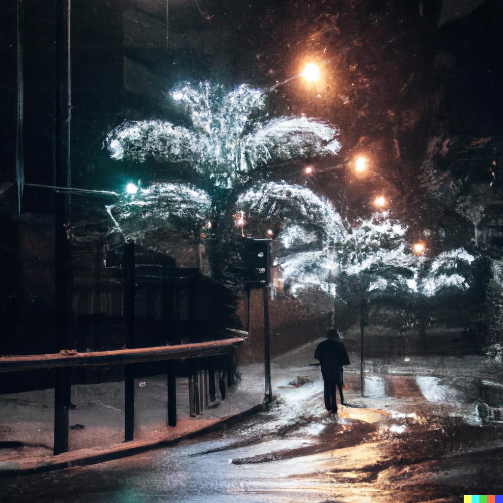 bootbeep's tweet photo. #DALLE #Venezuela 

“A photo of a street of Caracas after a snowstorm at night, with christmas lights, a person walking alone, photorealistic.” https://t.co/LaTKFrYAbZ