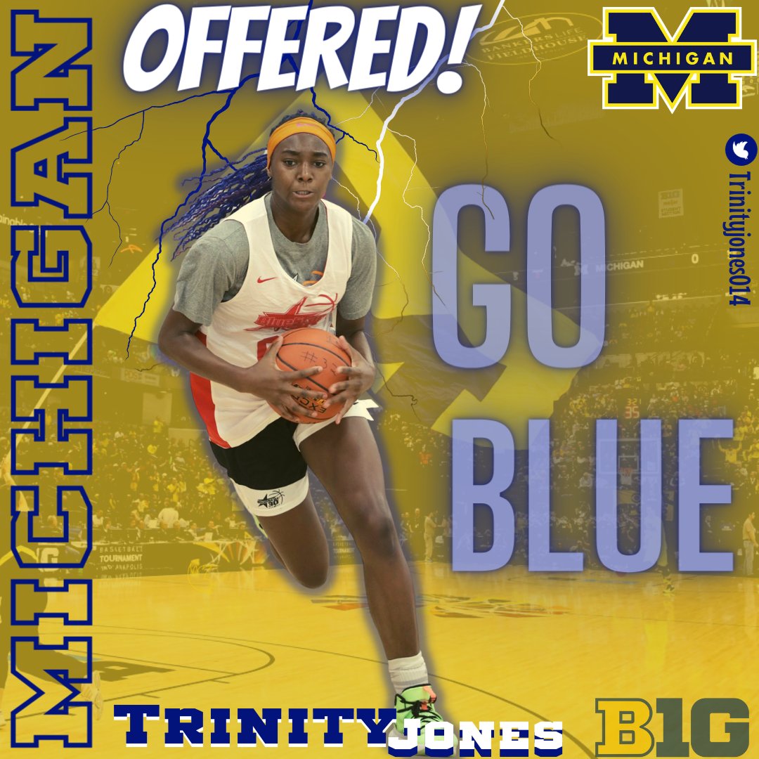 Trinityjones014's tweet photo. After an AMAZING conversation with Coach Arico @KBA_GoBlue, I am happy to say that I have received a scholarship offer from @umichwbball.  Thank you to all the coaches for believing in me. 
@CoachErinBatth @ValerieNainima @HarryRafferty5

#GoBlue 

Thanks, Coach B @B_Stance https://t.co/kPByZqX20D