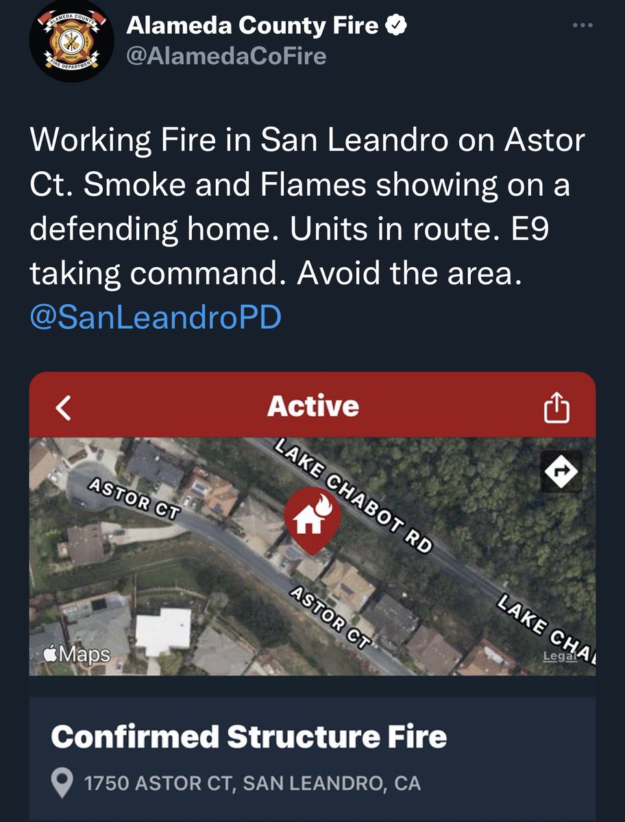 Working Fire in San Leandro on Astor Ct. Smoke and Flames are showing on a descending hillside home. Units are enroute. E9 is taking command. Avoid the area. <a href="/SanLeandroPD/">San Leandro PD</a>