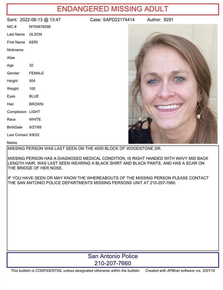 ohiogal18's tweet photo. #KeriOlson missing from #SanAntonioTexas last seen on 8/8/22 https://t.co/8VnOAuNtyz