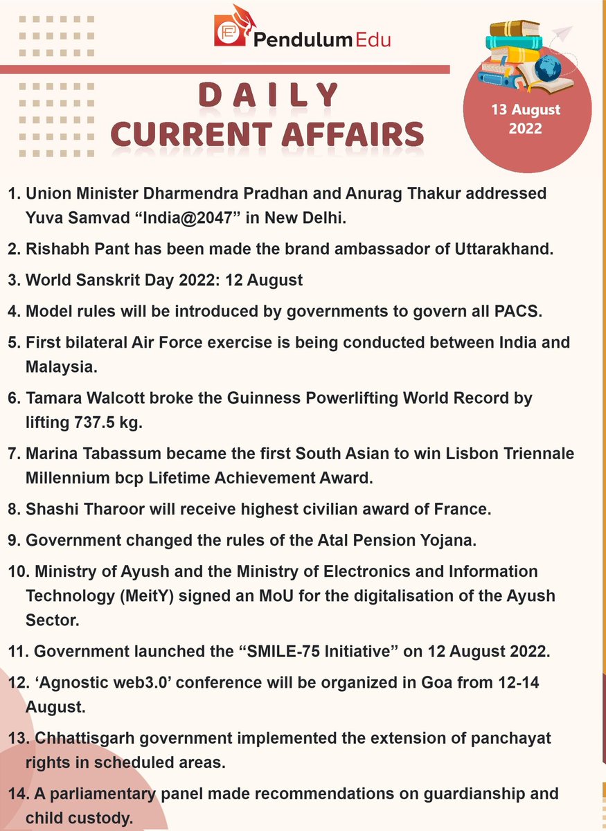 BORN4WIN's tweet photo. Here 👇👇 is the important Current Affairs of 13th August, 2022.

#upsc #tspsc #appsc #tnpsc #gs
#currentaffairs #August2022 #gk
#mpsc #npsc #aspsc #jkpsc #dpsc
 (Data courtesy: Pendulumedu) https://t.co/qP4wvSS3MO