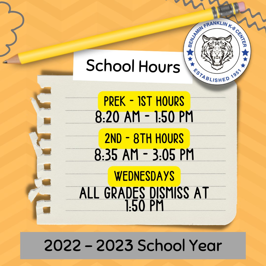 benfranklink8's tweet photo. ATTENTION TIGER FAMILIES.
Please note BFK8's instructional hours.
#instructionaltime #schoolhours
#newschoolyear #tigers
@MDCPS @MDCPSCentral
@benfranklink8 https://t.co/FyA2Zi6hAo