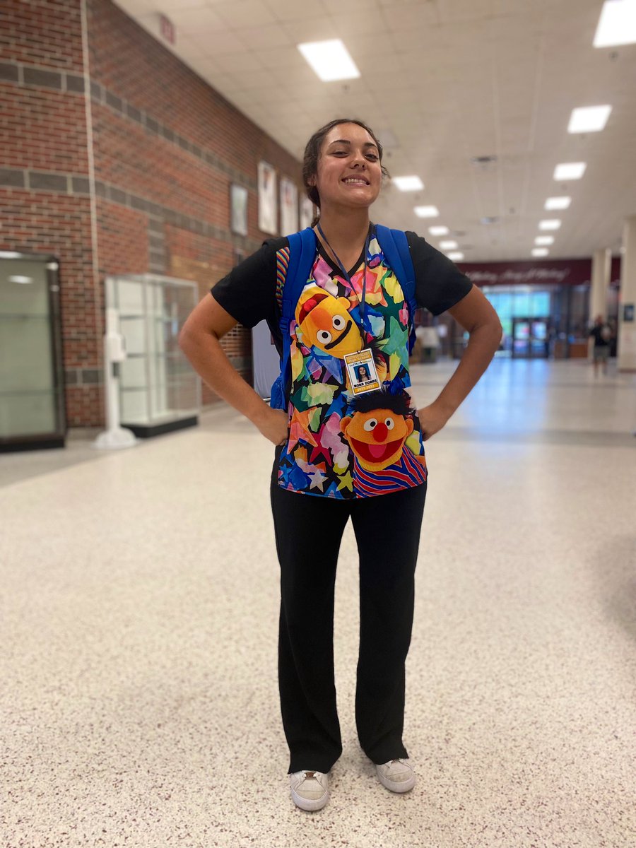 SELadyMustangs's tweet photo. Our shooter @laneyd25 showing off her scrubs yesterday! She’s in sports medicine this year and does WBL at the local elementary schools , working hands on with the nurses. Our future! ❤️ https://t.co/bLxXcMhHo2