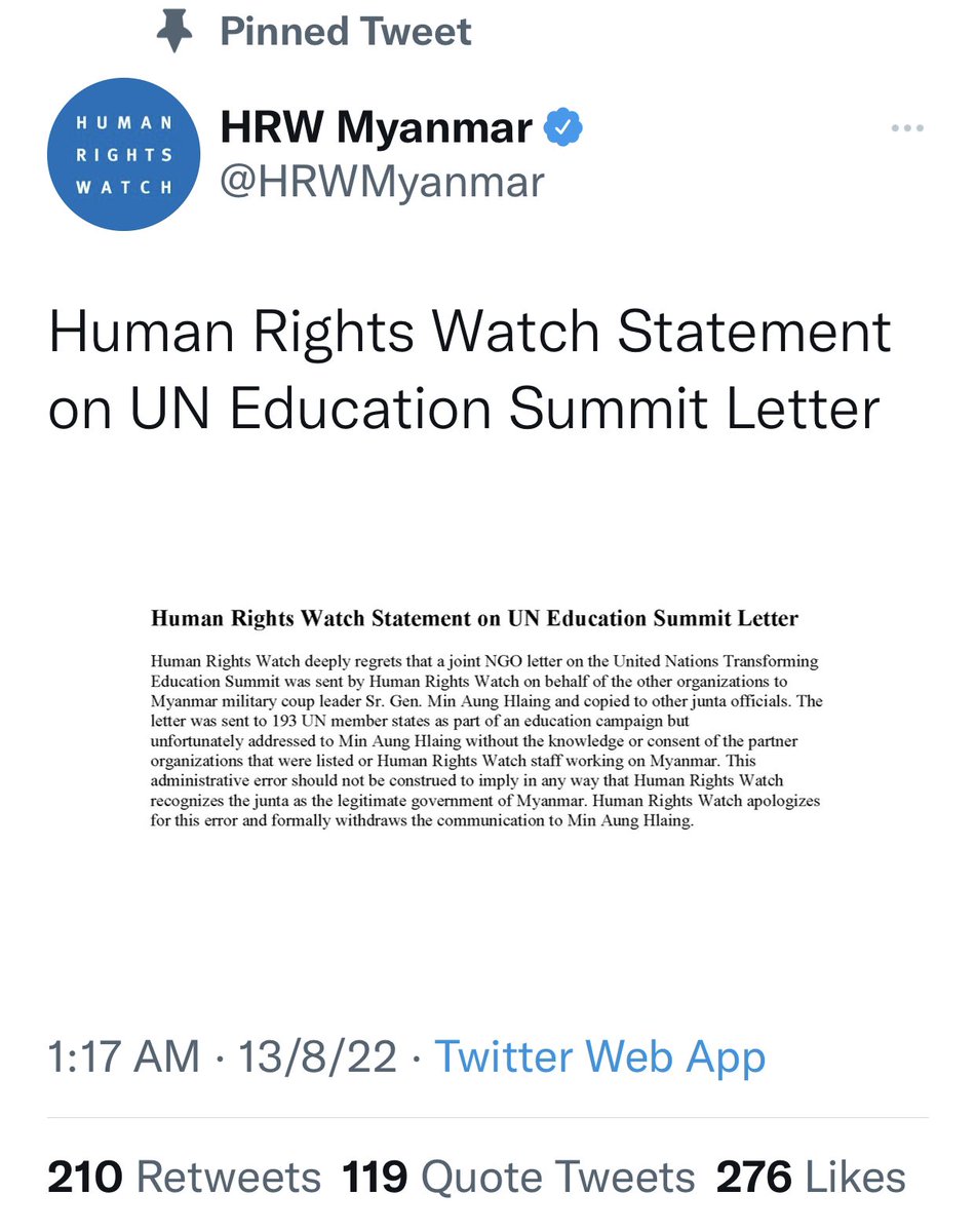 MissySu88's tweet photo. @hrw @FIFAWorldCup MAH is NOT PM. Take action on @HRWMyanmar. This is NOT simple administrative error. This is total disrespect to the people who are suffering at the hands of MAH’s military who committed extrajudicial killings, torture, arbitrary arrests, looting, &amp; arson.
#WhatsHappeningInMyanmar https://t.co/BLgT4b7bYj