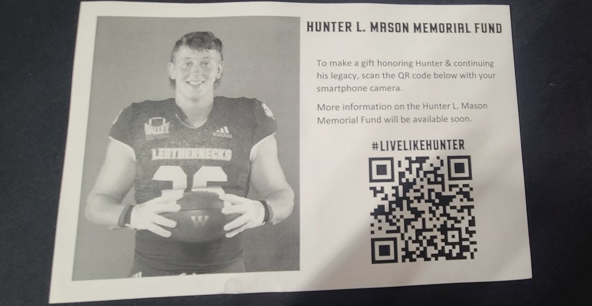 CarrieDawnMason's tweet photo. Hunter’s story continues to be told….announced tonight at the Annual Purple &amp; Gold.  The Hunter L. Mason Memorial Fund.  🏫🏈💜💛@WesternILUniv @WIUAthletics @huntermason__  
#scantheqrcode  
#LiveLikeHunter  
#LLH36 https://t.co/8cYBKsloeG