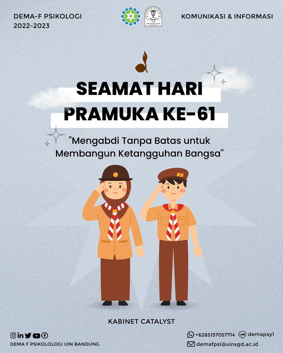 demafpsiuinbdg's tweet photo. [Selamat Hari Pramuka Ke-61]

Hari Pramuka diperingati setiap tanggal 14 Agustus. Tahun ini merupakan peringatan Hari Pramuka ke-61. Dengan Tema "Mengabdi Tanpa Batas untuk Membangun Ketangguhan Bangsa".

#DemaFPsikologi
#KabinetCatalyst
#BidangKomunikasidanInformasi https://t.co/YkrDzeCw4Z