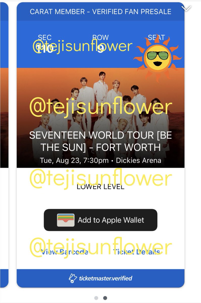 TejiSunflower's tweet photo. ‼️selling 2 tickets to the Seventeen
concert in Fort Worth for face value: $95.50 each!
DM if interested ‼️ #WTS
#SeventeenDFW https://t.co/krG81TMNPC