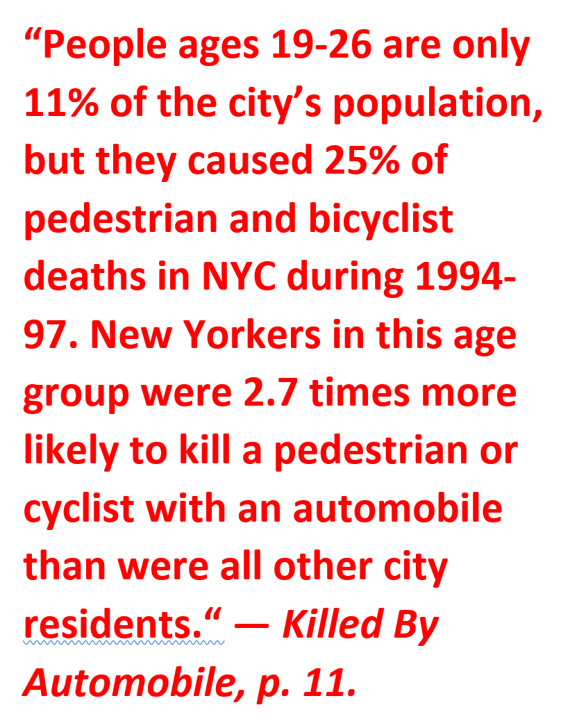 RightOfWayNYC's tweet photo. Good to see @nicolegelinas catching up to our turn-of-the-century research showing vastly elevated NYC killer-driving by young motorists. We look forward to her either backing up or giving up the notion that @nycmayor has a plan to attack that. https://t.co/RXedrh1B6W https://t.co/xrdGkSW0ht
