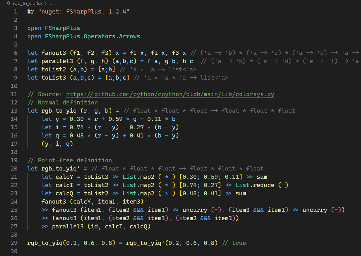 TheOlegarchy's tweet photo. Here's a situation where the point-free style should NOT be used. If it shouldn't be used here, that leaves only two possibilities: 1) it should never be used, and 2) it could sometimes be used. If sometimes, then when? What are the rules?
#fsharp #pointfreestyle https://t.co/TEFJFARQUX