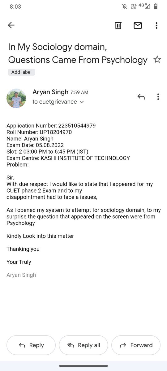 Aryansinghk's tweet photo. @DG_NTA @dpradhanbjp
In My Sociology domain,Questions
Came From Psychology
Application Number: 223510544979
Name: Aryan Singh
Exam Date: 05.08.22
Slot: 2 03:00 PM to 6:45 PM (IST)
PLEASE RESCHEDULE MY SOCIOLOGY DOMAIN EXAM I'VE ALREADY SEND MANY MAILS TO CUET GRIEVANCES #CUET https://t.co/evAd1gnTeg