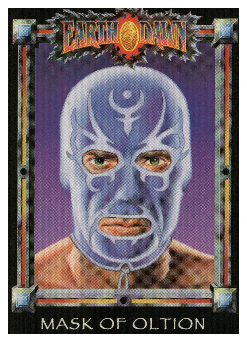 Ranaroth2's tweet photo. Dave Martin. Mask of Oltion. Card from Earthdawn: Barsaive, FASA, 1993. #DaveMartin #roleplaying #Earthdawn #Barsaive #FASA #mask #Oltion https://t.co/m2x22ZJ3KT