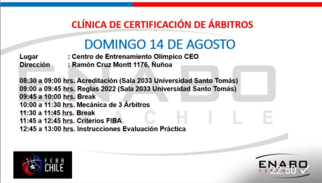 ENABOFEBACHILE's tweet photo. 🏀 Clínica de Certificación Nacional de Árbitros 2022 - 2024

📌 Centro de Entrenamiento Olimpico CEO

📅 Domingo 14 y lunes 15 de agosto 

@ENABOFEBACHILE
@MindepChile @INDChileOficial @MindepMetro @liga_nacional @LDDFebaChile https://t.co/1E39EmJy7W