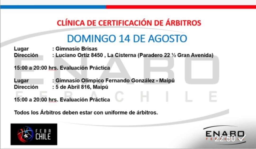 ENABOFEBACHILE's tweet photo. 🏀 Clínica de Certificación Nacional de Árbitros 2022 - 2024

📌 Centro de Entrenamiento Olimpico CEO

📅 Domingo 14 y lunes 15 de agosto 

@ENABOFEBACHILE
@MindepChile @INDChileOficial @MindepMetro @liga_nacional @LDDFebaChile https://t.co/1E39EmJy7W