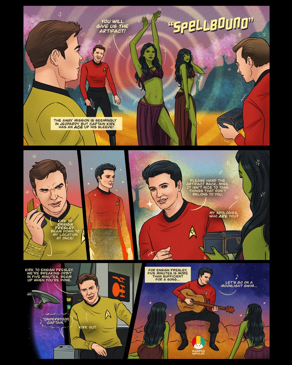 warpedimpulse's tweet photo. “SPELLBOUND” - Captain Kirk has an ace up his sleeve… 😊🖖
#startrek #startrektos #captainkirk #williamshatner #elvis #elvispresley #orion #orionwomen #redshirts #moonlightswim #startrekcomics #startrekfanart #crossover #comics https://t.co/DTcuGUnWuR