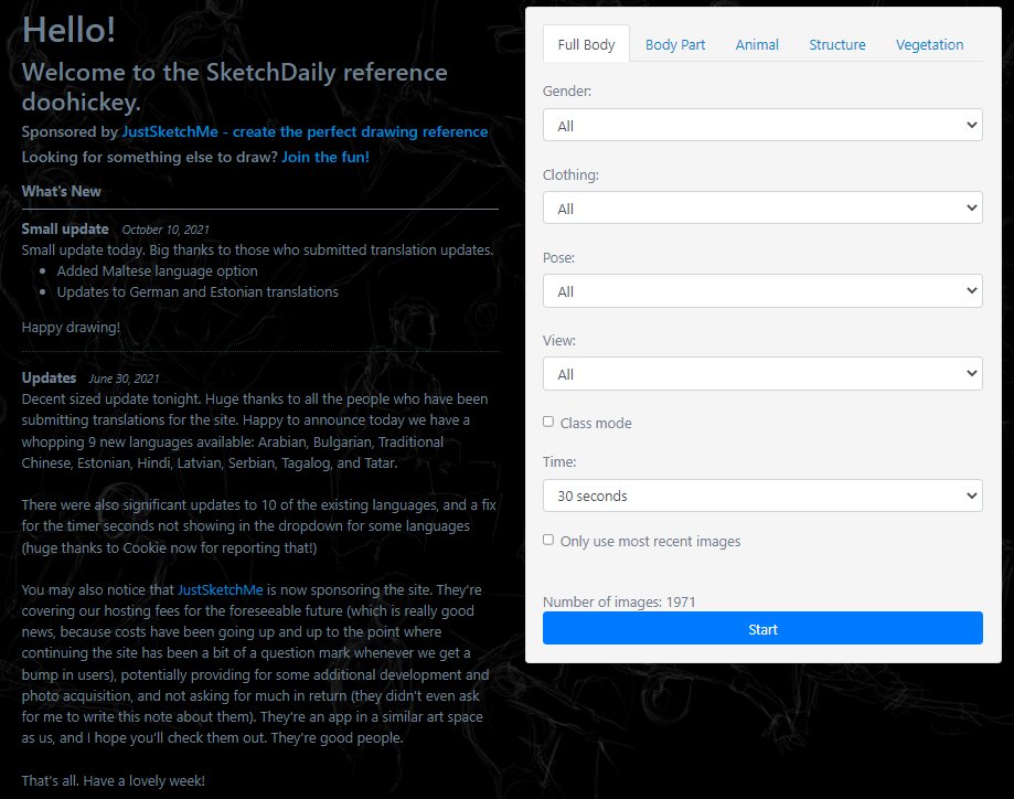 3. reference sketchdaily
인물, 신체 일부분, 동물, 구조, 초목등 카테고리 선택 가능. 
젠더, 옷 착장유무, 포즈, 시점 등 다양한 옵션이 있음.
두번째 사이트와 구분되는 점은 Class (수업) 모드가 있어 본인이 몇 개 크로키를 했는지 자동으로 카운팅이 됨.  
reference.sketchdaily.net/en
