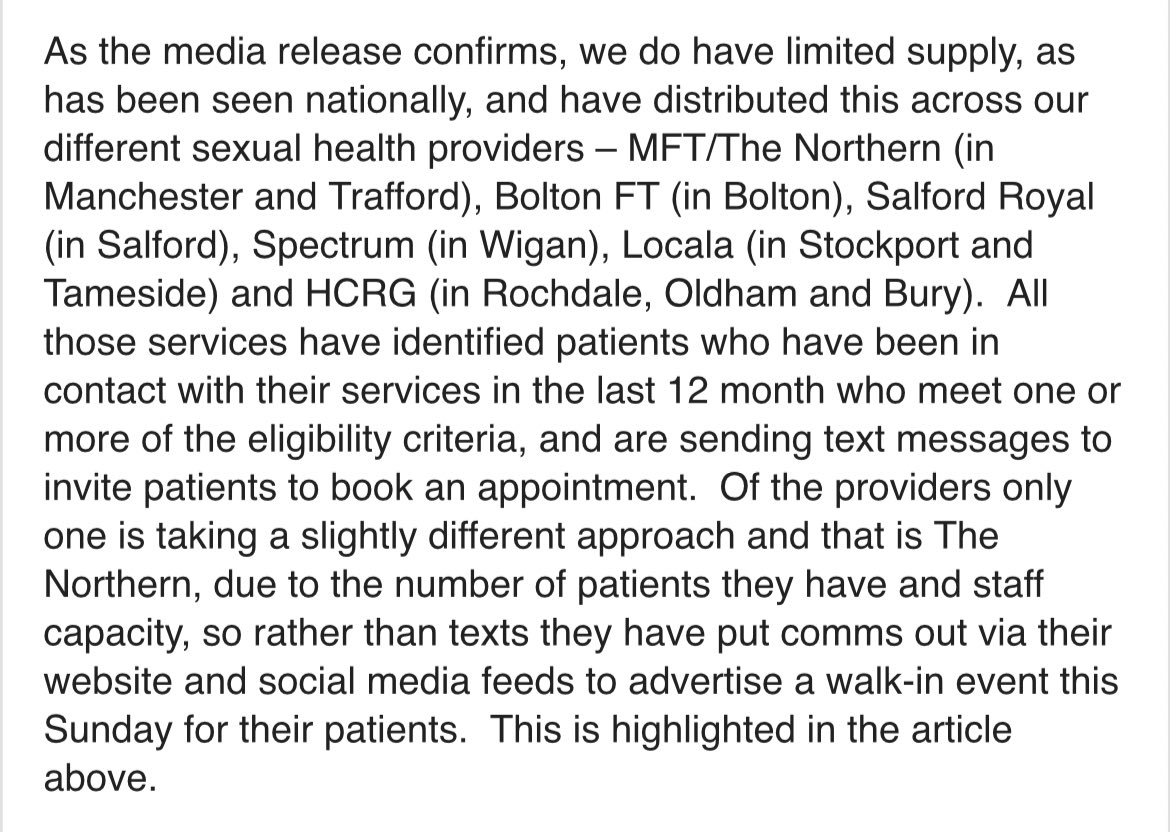 Jonnythan93's tweet photo. The Northern is operating slightly differently to other GM sexual health services. If you live in another borough and think you may be eligible I would recommend calling up, though supplies are limited. https://t.co/ClPutHlMoR