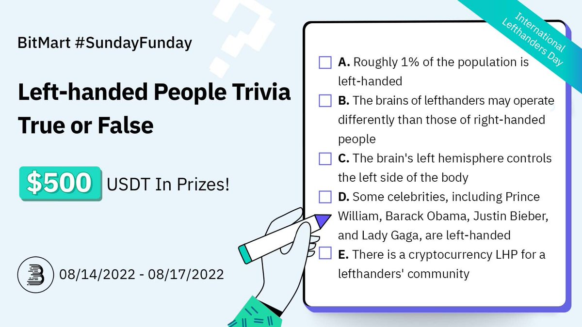 BitMartExchange's tweet photo. #SundayFunday Test your knowledge about the lefthanded &amp; win some USDT on this International Lefthanders Day 💁‍♀️

1️⃣ Follow us, RT &amp; tag 3 friends
2️⃣ Sign up: https://t.co/e1Z81sLY1Y
3️⃣ Answer these questions 👇 https://t.co/9lbFRdcniM

25 lucky winners will share $500 USDT 🎁 https://t.co/DNuFbN7EWY