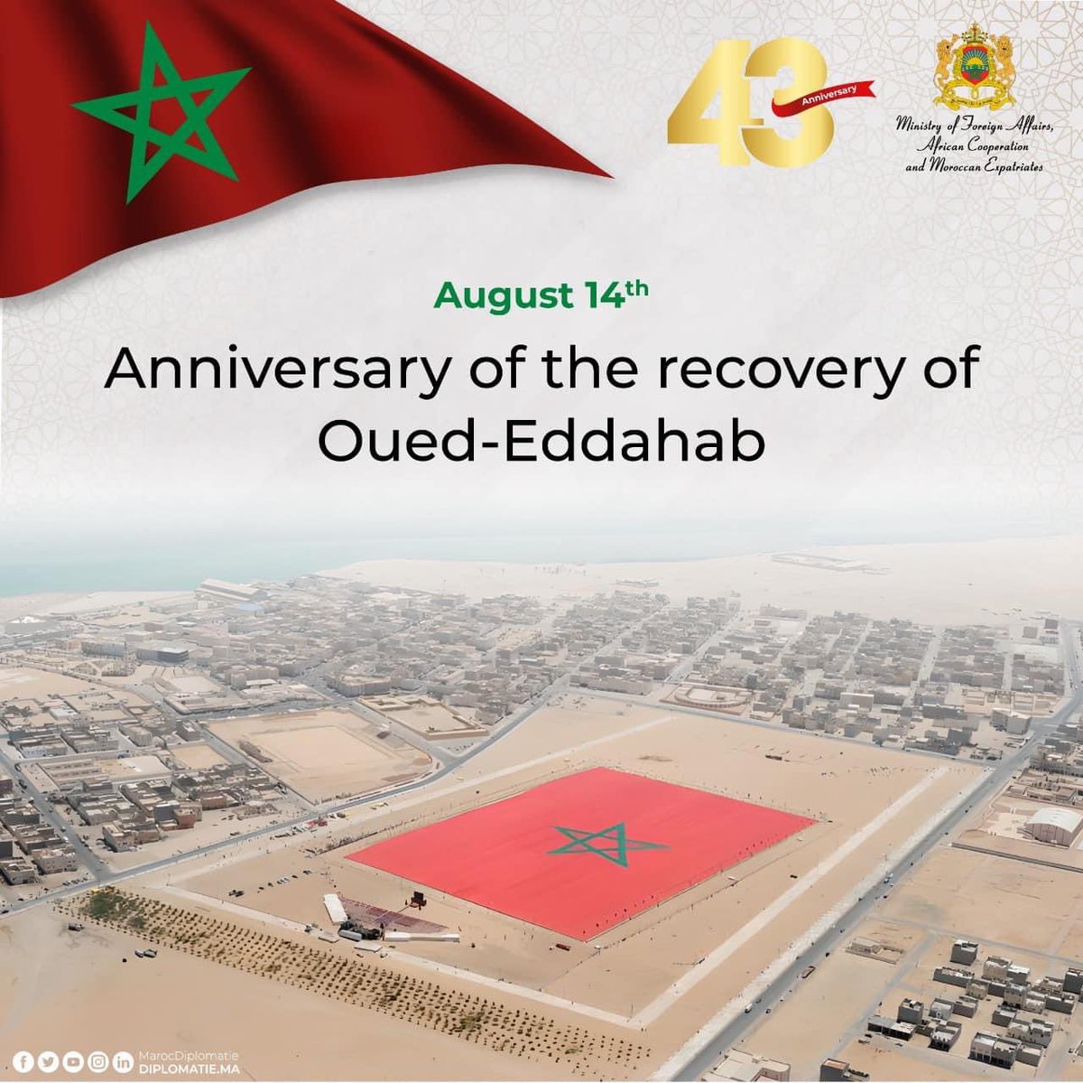 The Moroccan people commemorates, on August 14, the 43rd anniversary of the recovery of the province of Oued-Eddahab, which constituted a milestone in the process of achieving the Kingdom’s territorial integrity following a historical struggle marked by national unity.