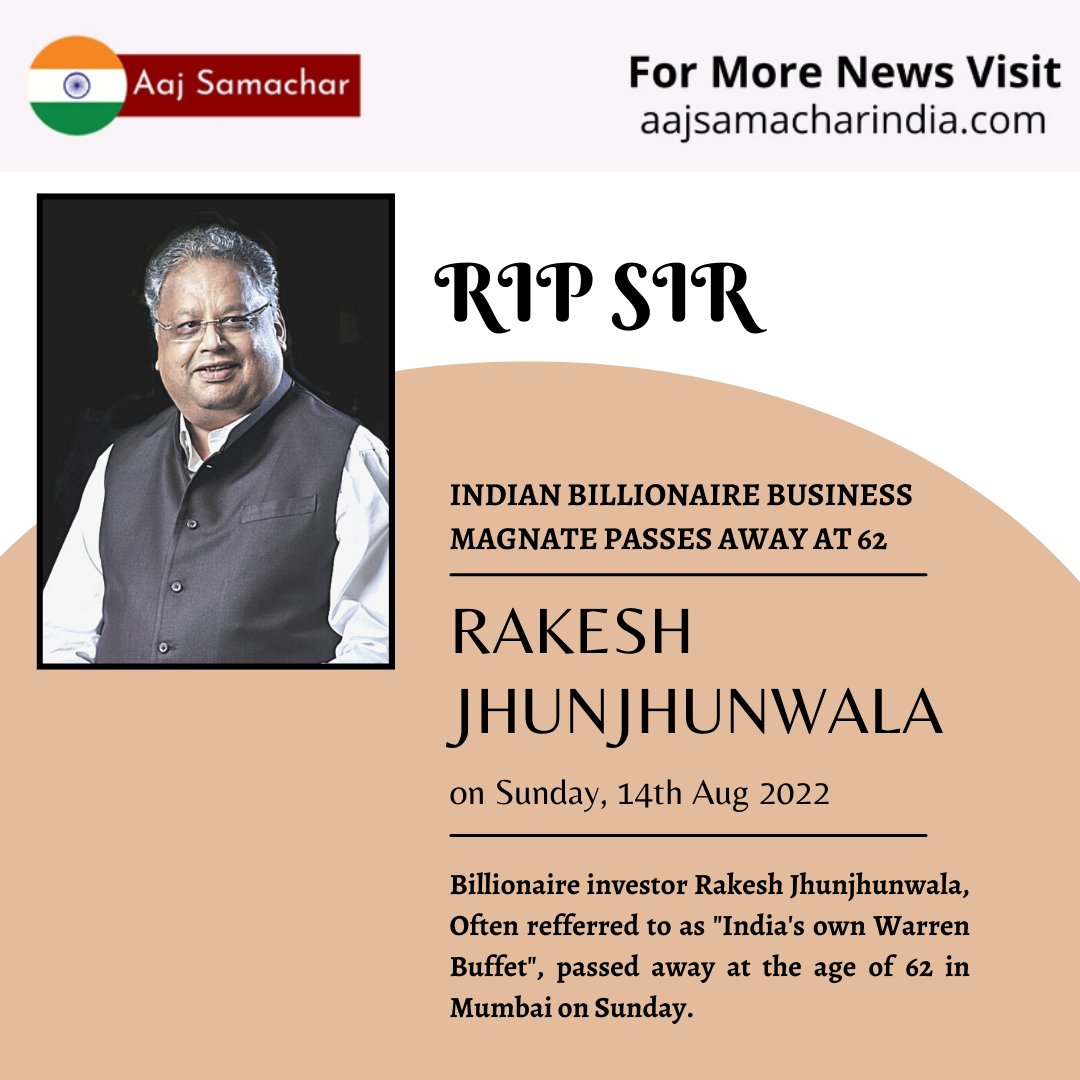 AajSamachaar's tweet photo. Indian Billionaire Business Magnate Passes Away at 62.
 #Rakeshjhunjhunwala #aajsamachaar https://t.co/QTDd26TskI