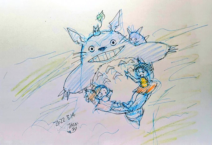 #お前の絵柄に絶対合うのに何で描かないのってキャラをフォロワーさんが教えてくれる公式絵をガン見しつつ描いたのに、傘持たせるの忘れた(笑)はっかくさんに教えて頂いたのは、トトロでした～中トトロ、小トトロの位置は適当に描き込み「私達、風になってる」 