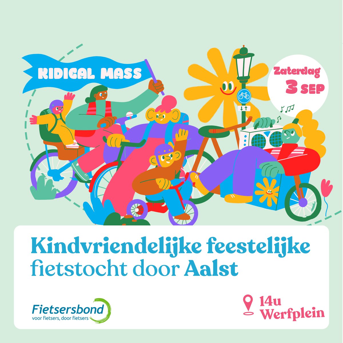 Wil je graag met de fiets naar school? 
We leren je hoe je op een veilige en correcte manier naar school kan fietsen.
kom samen met mama, papa, grootouders, zusjes en broertjes of vriendjes op 3 september om 14u naar het Werfplein.
fietsersbond-aalst.be/event/kidical-…
