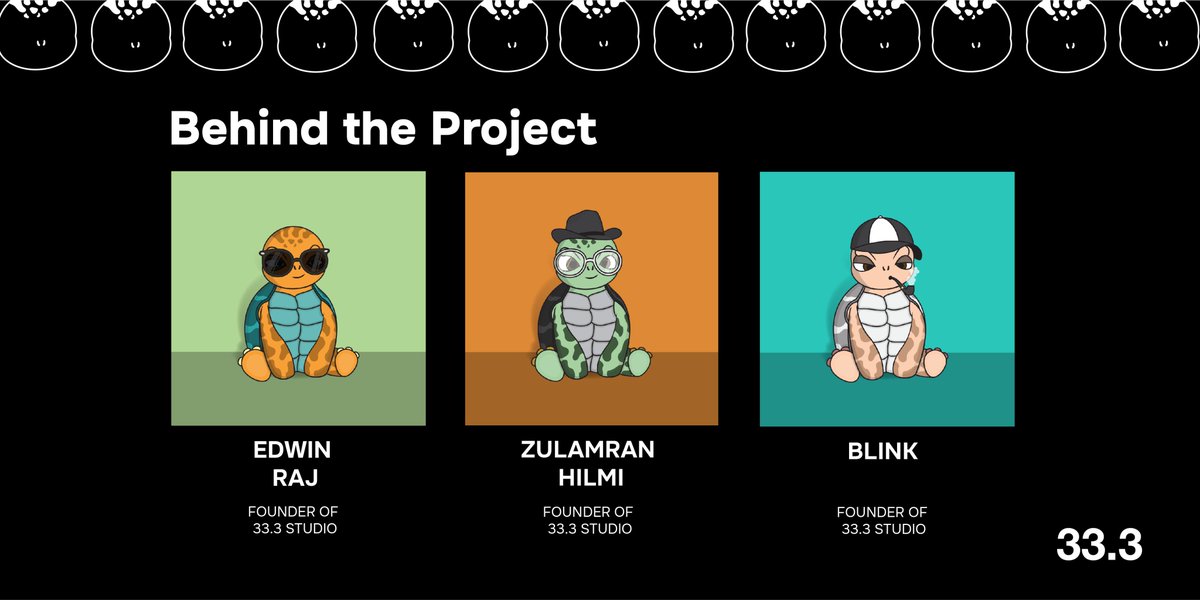 LilTurtNFT's tweet photo. Let us introduce them, the ones behind this fantastic project!🔥

It’s Edwin Raj, Zulamran Hilmi, and Blink! The founder of 33.3 Studio.

#NFT  #NFTCommunity #opensea #ETH  #NFTGiveaways #MintingSoon #EthereumNFTs #Ethereum #NFTProject #nftart #nftcollector #nftarti̇st #NFTs https://t.co/VpdyOplSPE