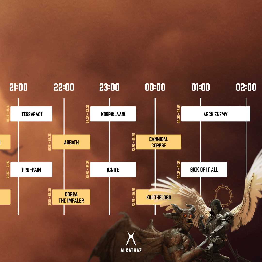 Only one day left, but we still have plenty to offer! 😈
Today, you will be treated a diversity of classics such as Arch Enemy, Abbath, Korpiklaani and Cannibal Corpse. 💀
Let’s make this final day worthwhile and let loose one more time! 🤘

#ALCATRAZ22 #timetable #finalday