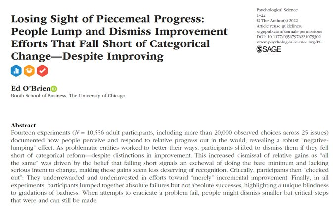 Helen Bevan (@helenbevan) on Twitter photo Research shows people tend to count results that don't meet targets as losses, even if they were gains. Think about the much quoted "70% of change projects fail". An improvement mindset sees success as improving from where we started, not just hitting the target. Via <a href="/AdamMGrant/">Adam Grant</a> Research shows people tend to count results that don't meet targets as losses, even if they were gains. Think about the much quoted "70% of change projects fail". An improvement mindset sees success as improving from where we started, not just hitting the target. Via <a href="/AdamMGrant/">Adam Grant</a>