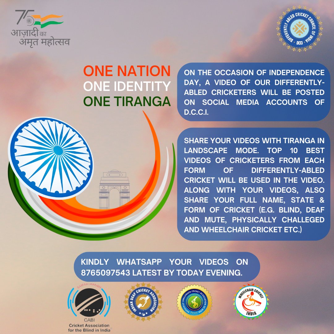 dcciofficial's tweet photo. One Nation, One Identity, One Tiranga🇮🇳
Let's celebrate #AzadiKaAmritMahotsav by sharing your videos with Tiranga on the number given below👇.

#HarGharTiranga 
@narendramodi @AmritMahotsav @ianuragthakur @KirenRijiju @BCCI @JayShah @ParalympicIndia @DeepaAthlete @ImRaina https://t.co/3n0VHUfNTl