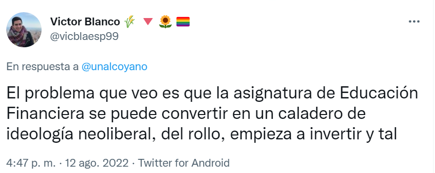 tallereconomico's tweet photo. Lo que piensan algun@s:

-Educación ambiental: poner en valor el cuidado del medioambiente.
-Educación sexual: fomentar la igualdad y las relaciones afectivo-sexuales saludables.
-Educación financiera: adoctrinar a futuros neoliberales con mentalidad de tiburón. https://t.co/mkbF7IRra9